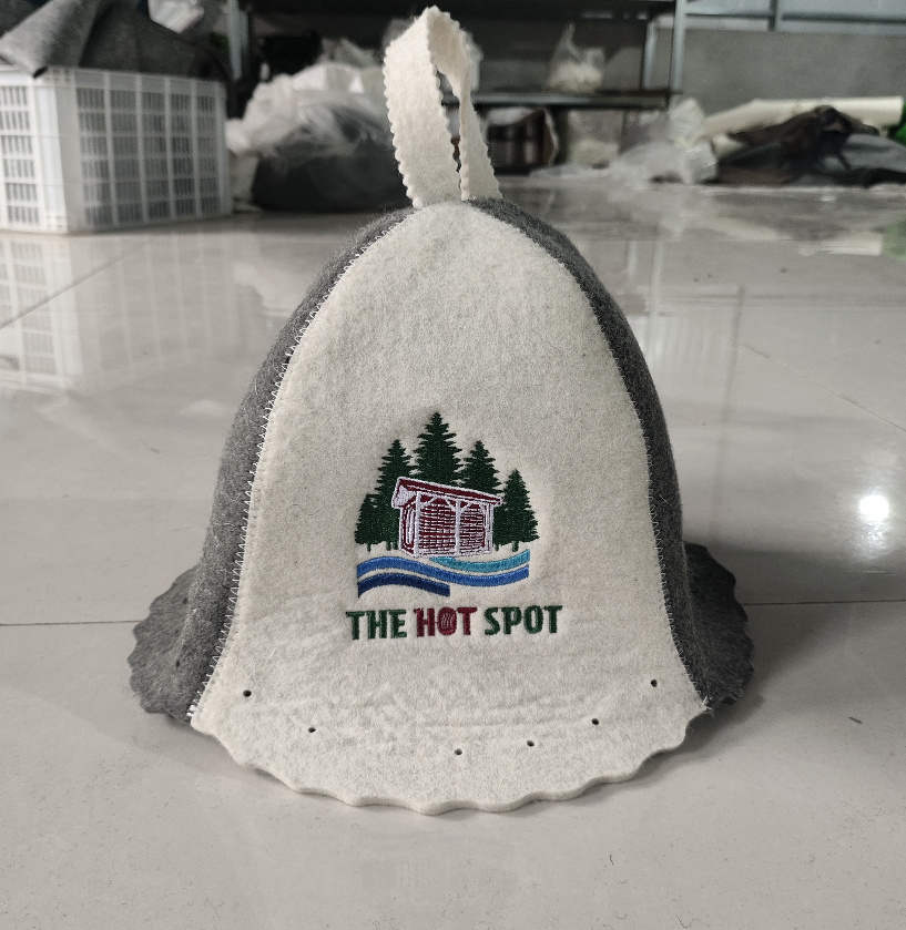 Custom embroidered sauna hat with The Hot Spot logo